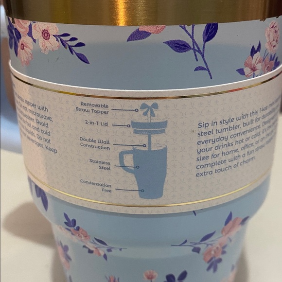 A little Obsessed Blue Floral Travel Tumbler & Straw and Blue Bow Straw Topper - Picture 3 of 8